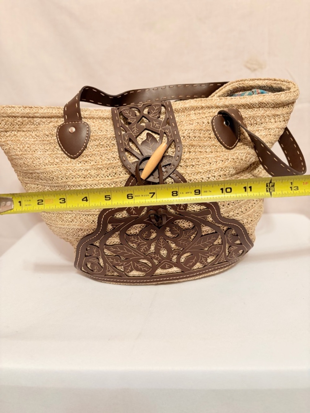 Woven Straw Tote with Decorative Brown Leather Overlay - Picture 6 of 7